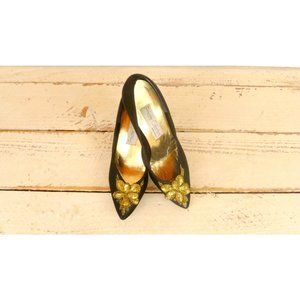 Black satin gold sequins high heel vintage shoes